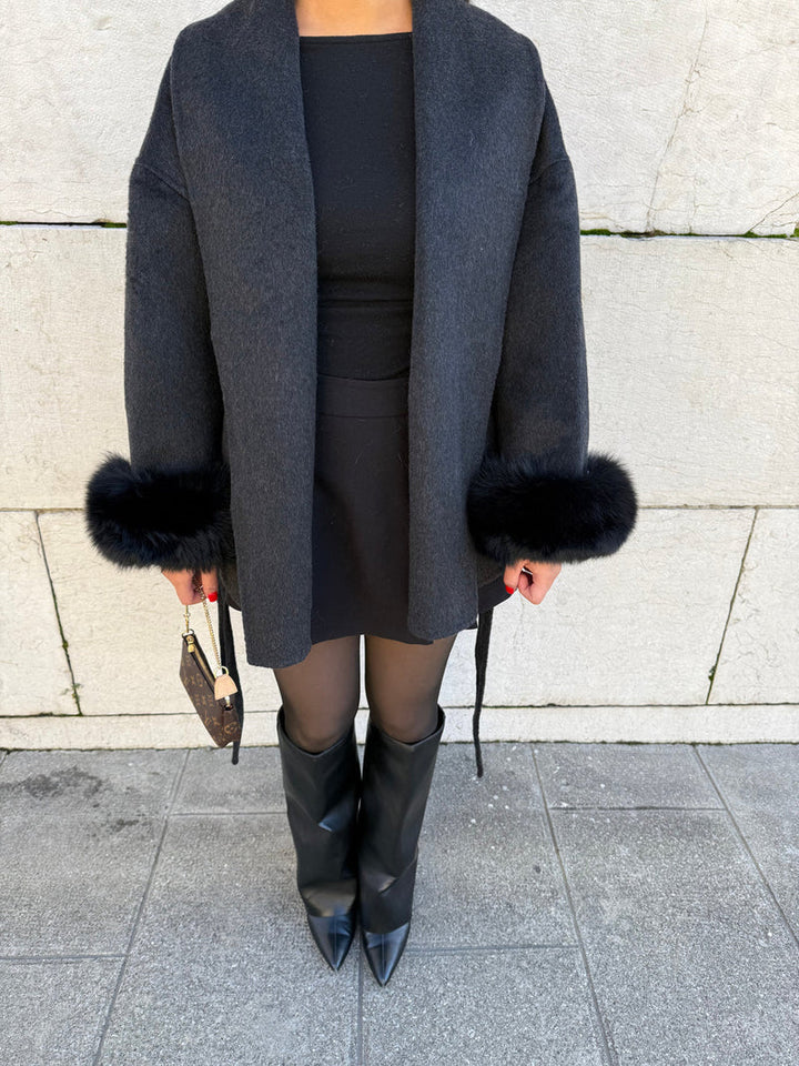 Women's Fur Cuff Wrap Coat – Elegant Belted Poncho Winter Jacket