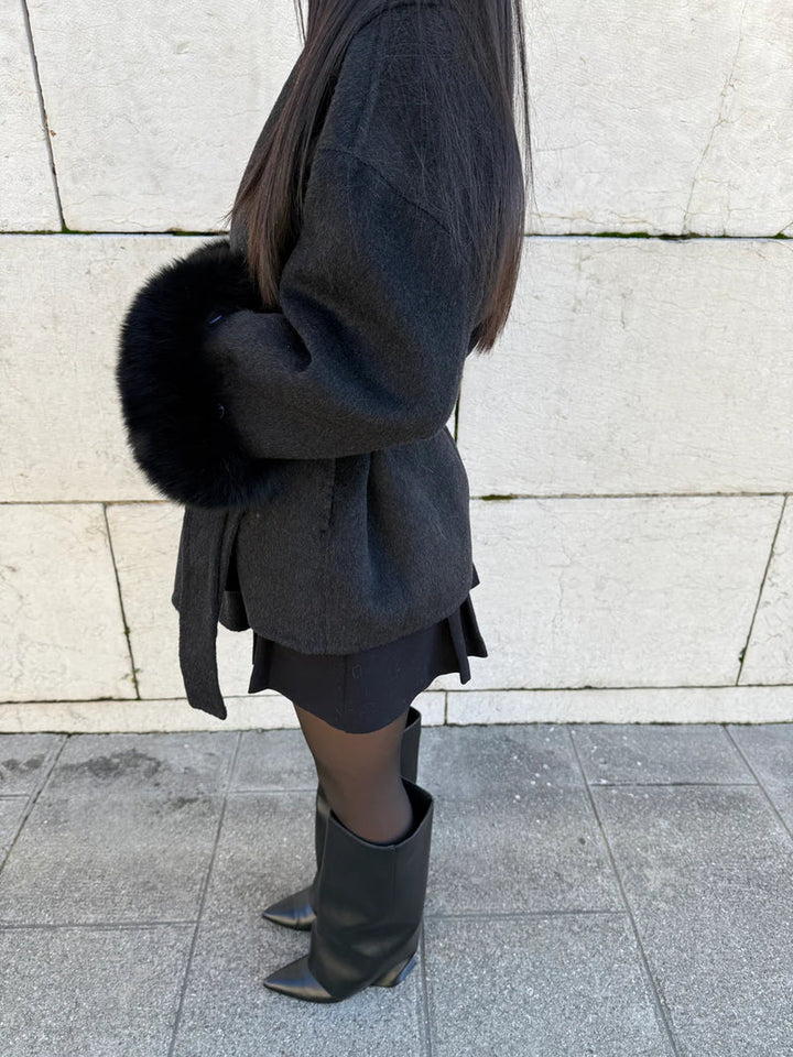 Women's Fur Cuff Wrap Coat – Elegant Belted Poncho Winter Jacket