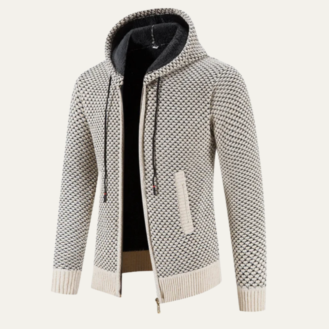 Men's Textured Zip Up Hoodie Sweater Cream Fleece Lined