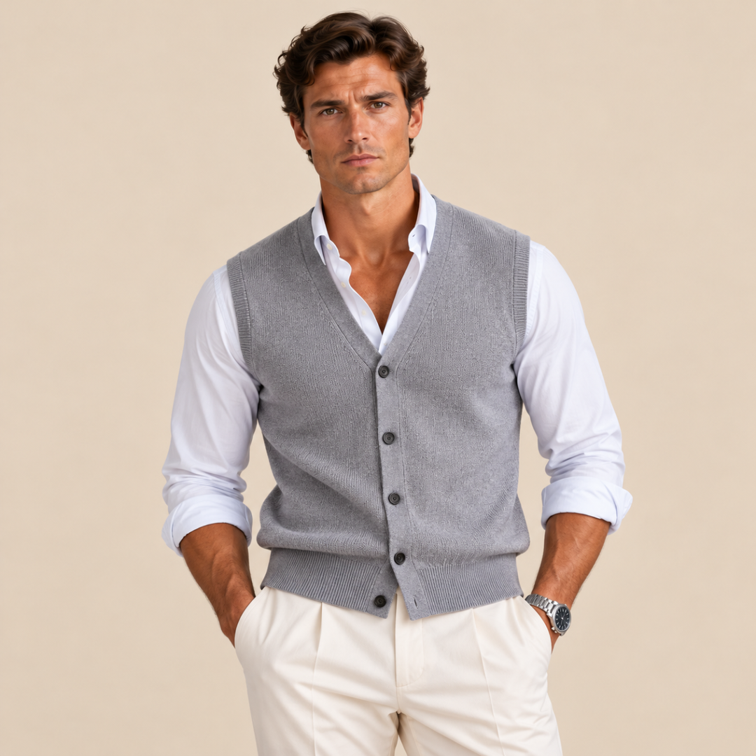 Men's Sweater Vest Blue Button Up V Neck