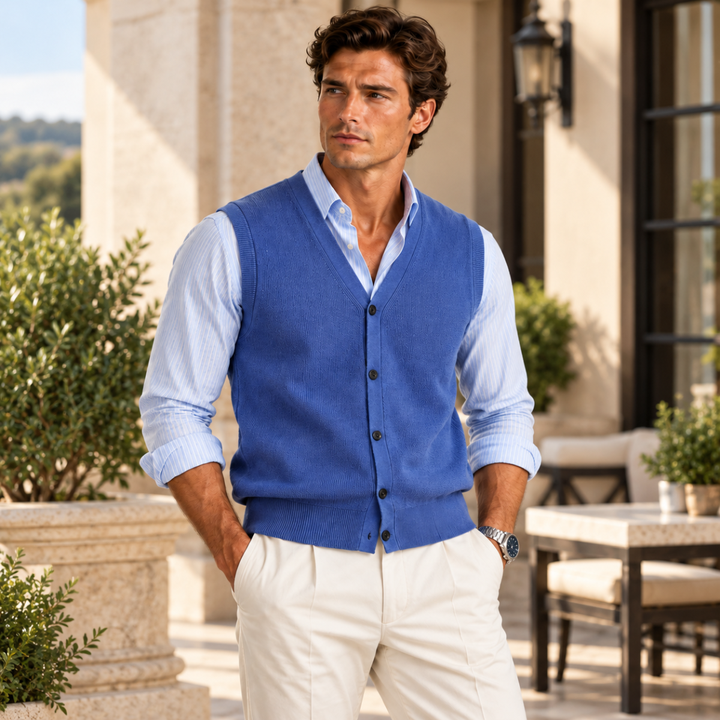 Men's Sweater Vest Blue Button Up V Neck