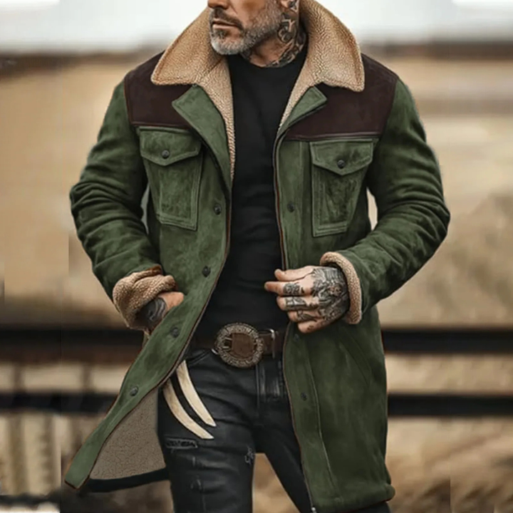 Men's Suede Sherpa Lined Jacket Olive Green Chest Pockets