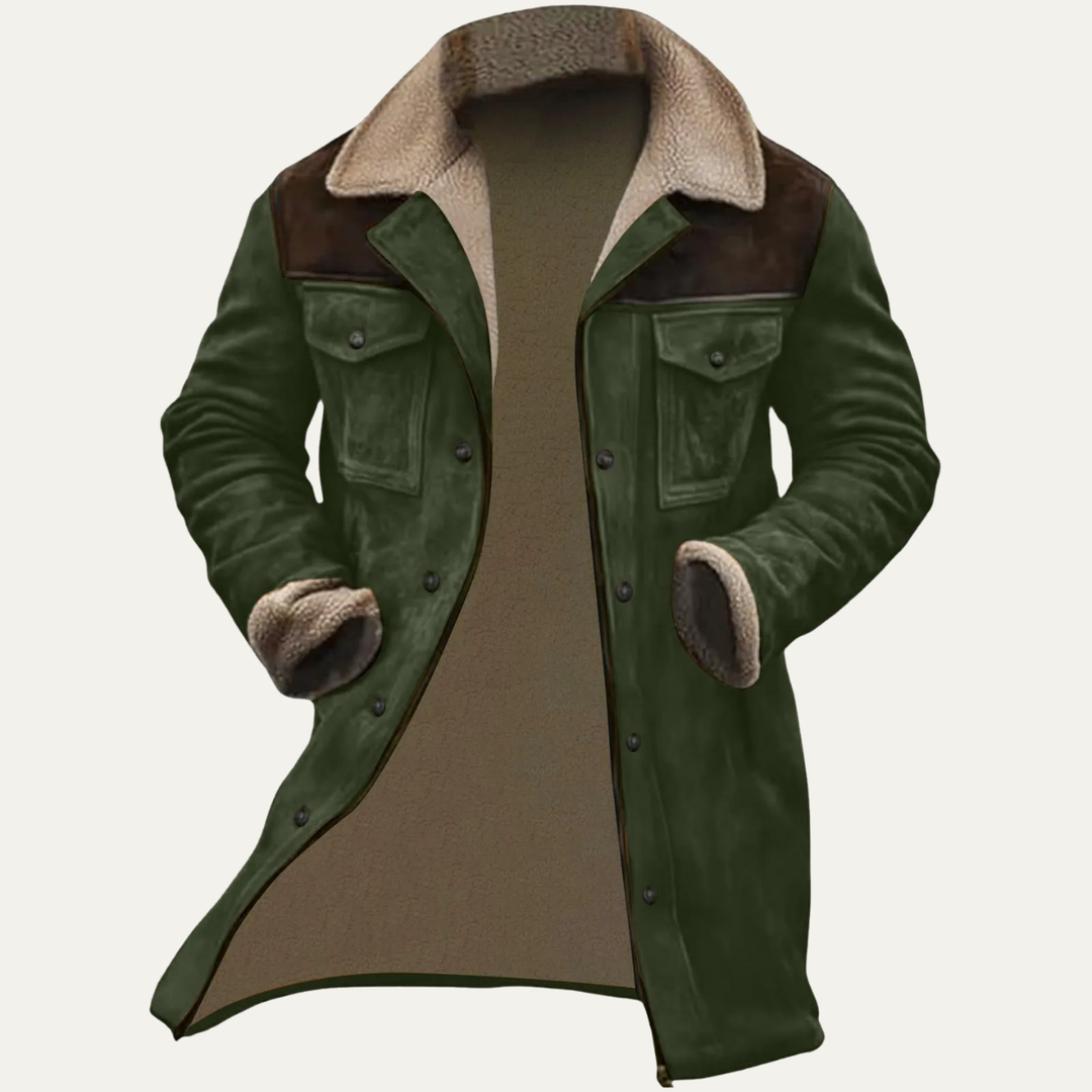 Men's Suede Sherpa Lined Jacket Olive Green Chest Pockets