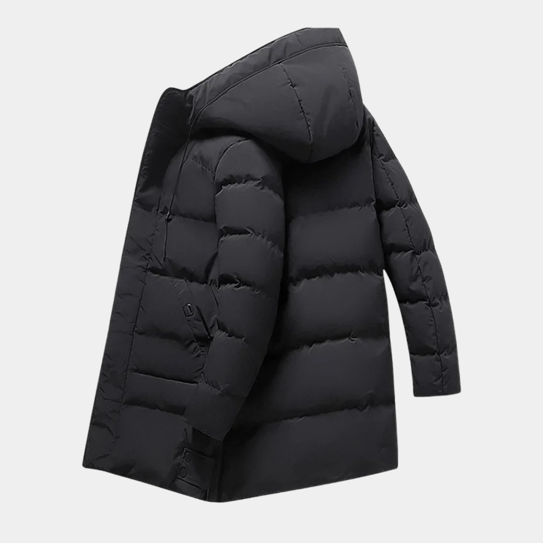 Men's Puffer Jacket Black Long Hooded Quilted