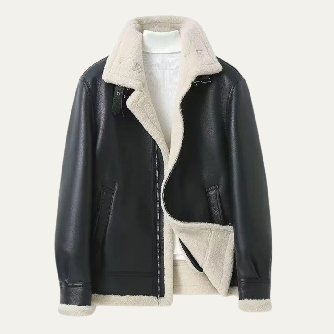 Men's Sherpa Lined Leather Jacket Black Cream Collar