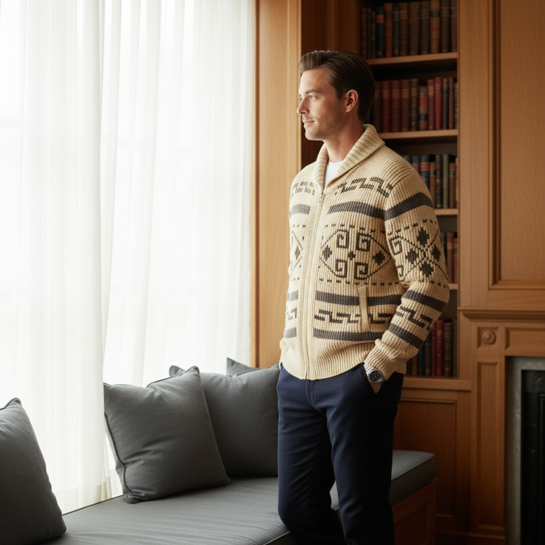 The Corvara Men’s Winter Shawl Collar Cardigan with Aztec Pattern