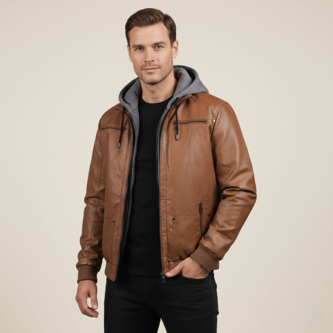 Men's Leather Jacket Black Hooded Bomber