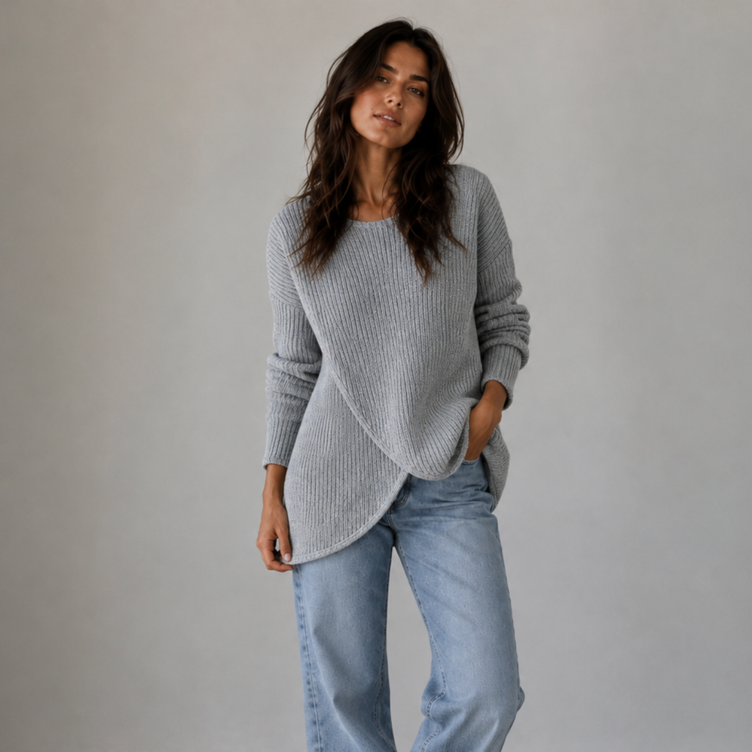 Women's Ribbed Sweater with Asymmetrical Slit Hem