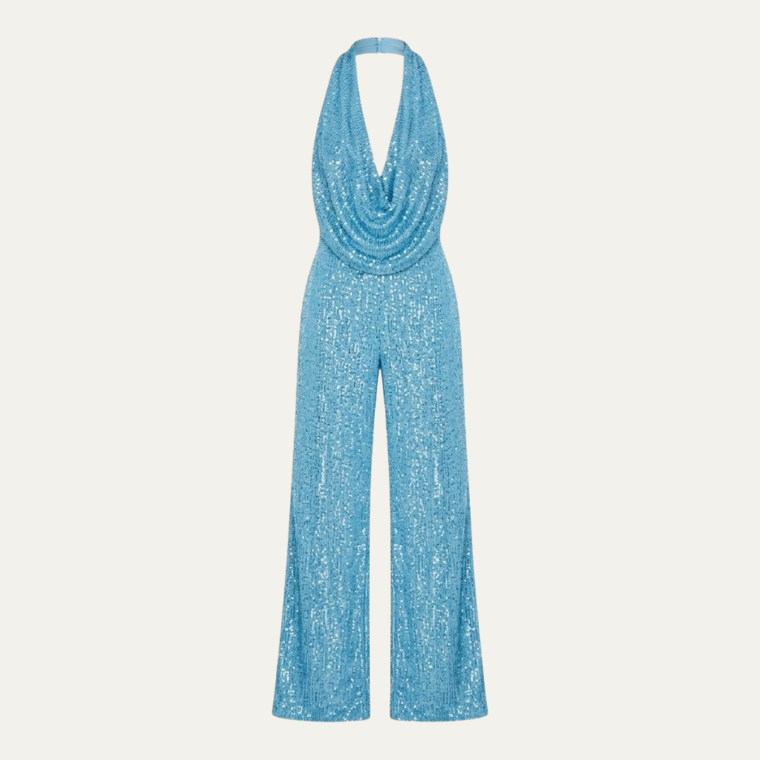Women's Elegant Sequin Cowl Neck Wide Leg Jumpsuit