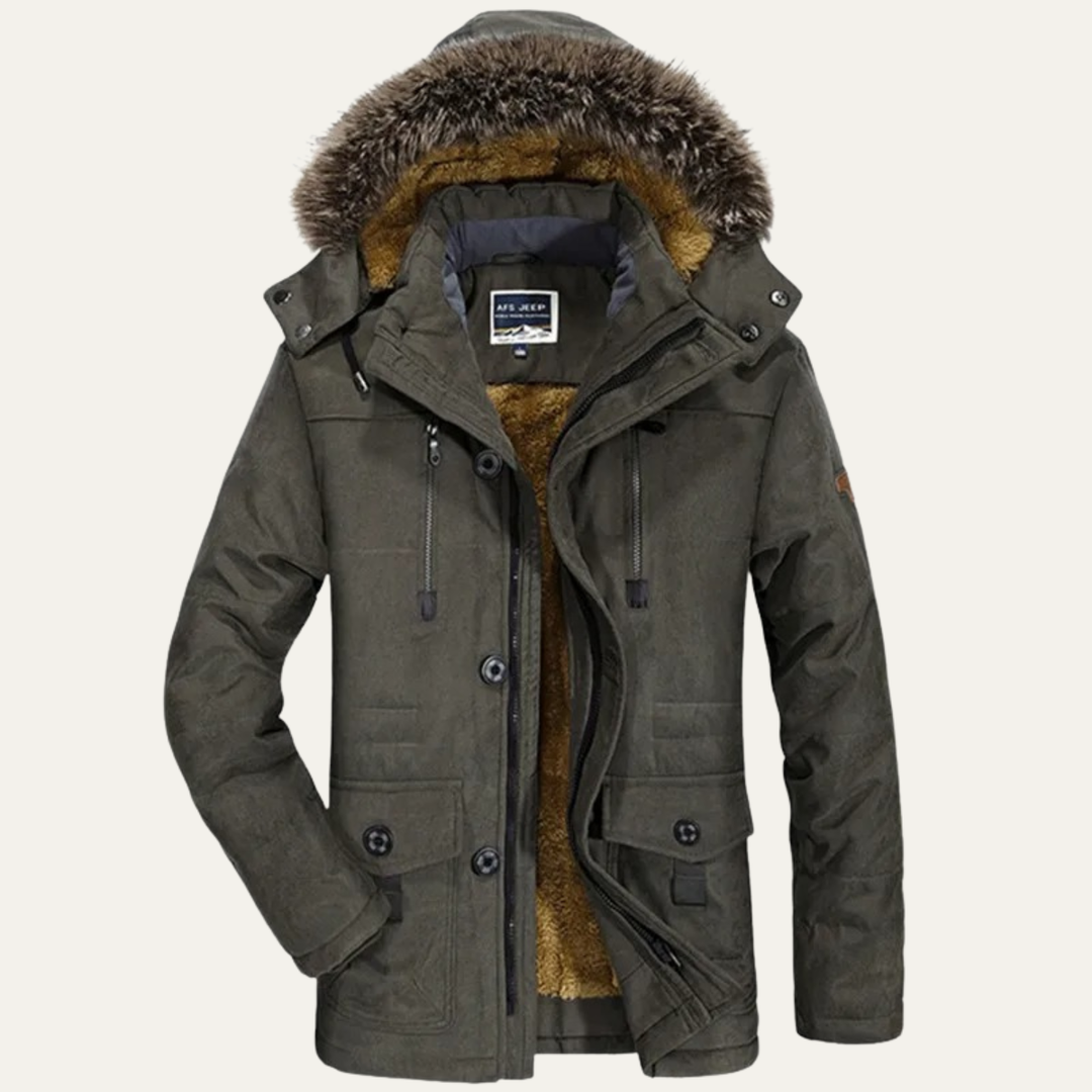 Men's Puffer Jacket Charcoal Fur Hooded Winter Coat