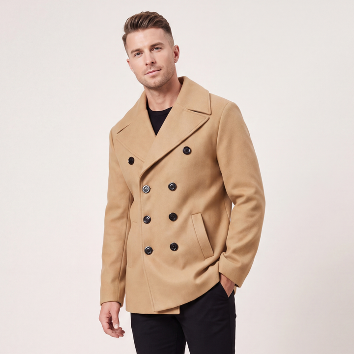 Men's Double Breasted Wool Peak Coat Navy