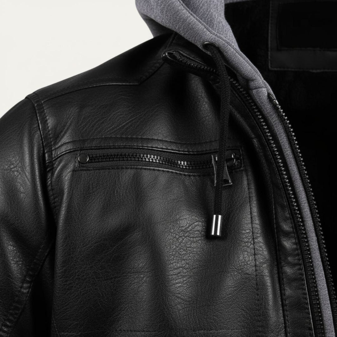 Men's Leather Jacket Black Hooded Bomber