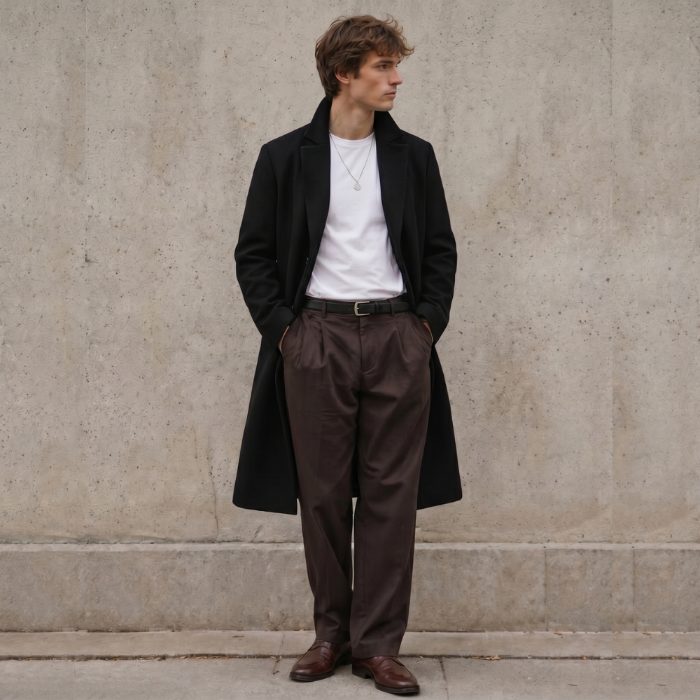 Men's Overcoat Black Wool Long Single Breasted