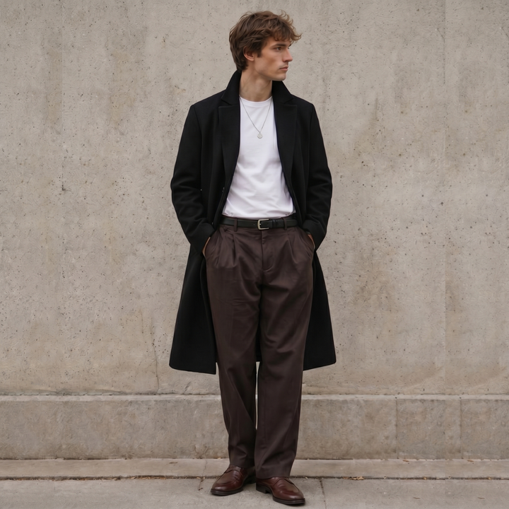 Men's Overcoat Black Wool Long Single Breasted