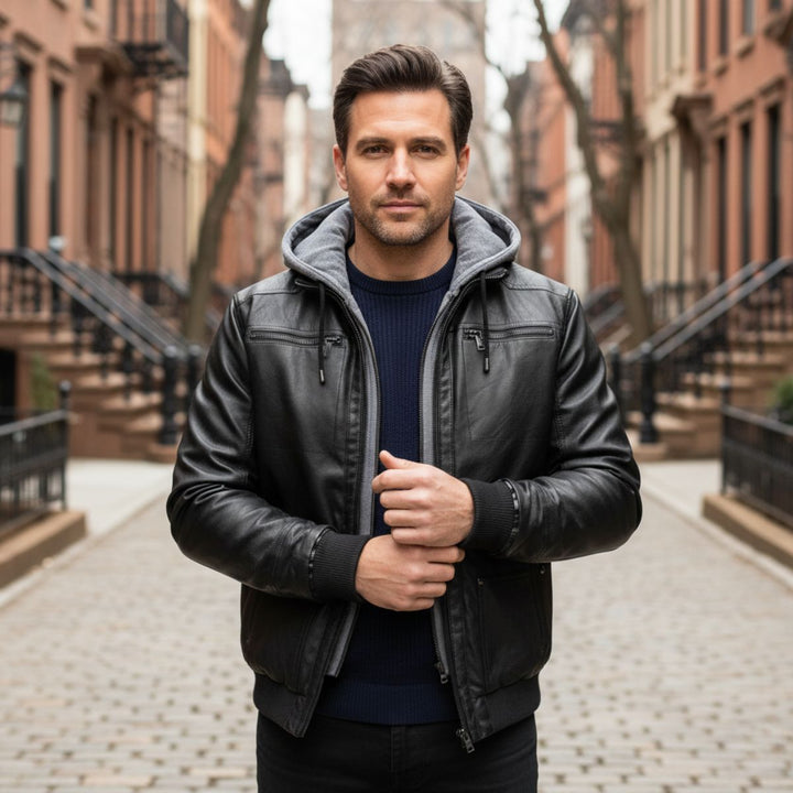 Men's Leather Jacket Black Hooded Bomber