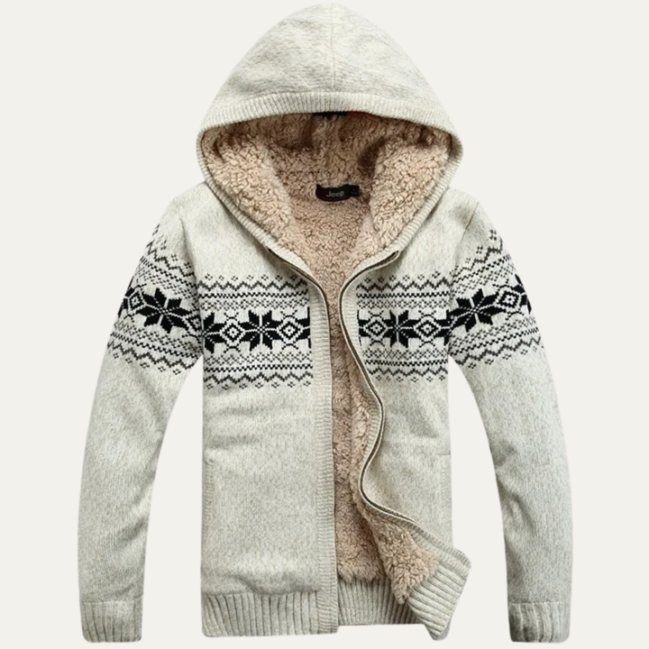 Men's Sherpa Lined Cardigan Cream Nordic Pattern Zip Up