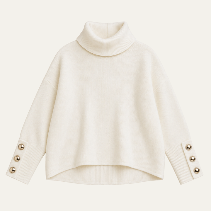 Women's High Collar Sweater with Button Detail Sleeves and Relaxed Fit