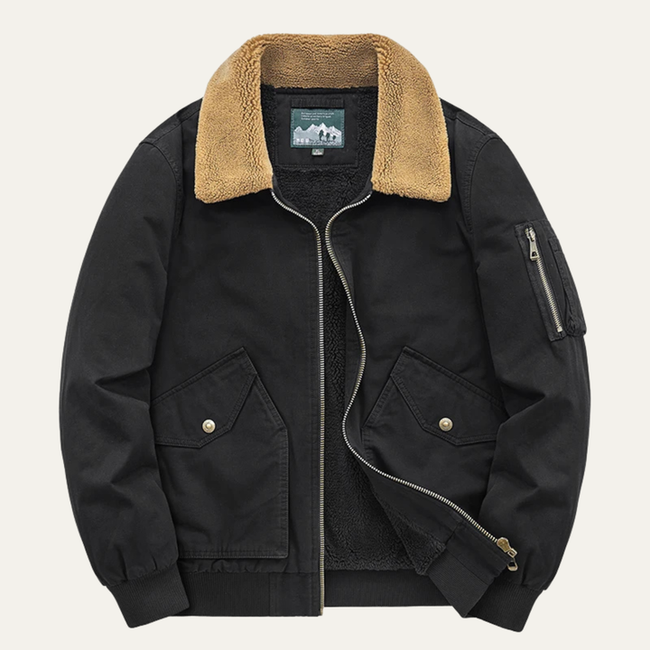 Men's Sherpa Lined Bomber Jacket Black Tan Collar