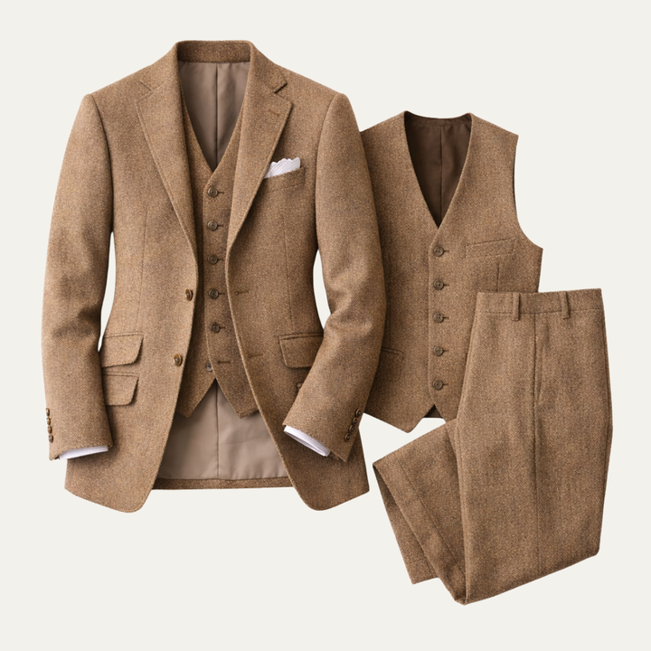 The Grignano Men’s Brown Herringbone Tweed 3 Piece Suit – Jacket, Vest & Pants