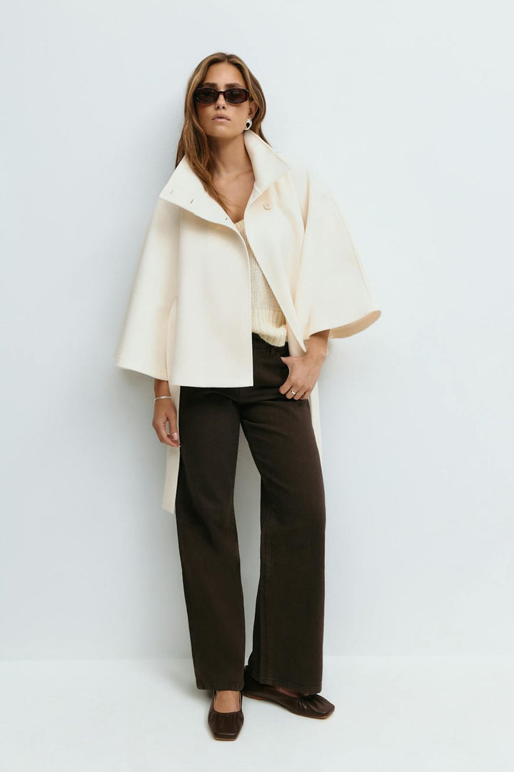 Women's Coat with Cape Sleeves, High Collar, and Belted Design