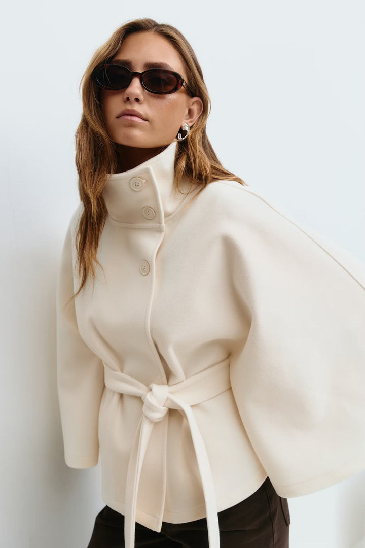 Women's Coat with Cape Sleeves, High Collar, and Belted Design