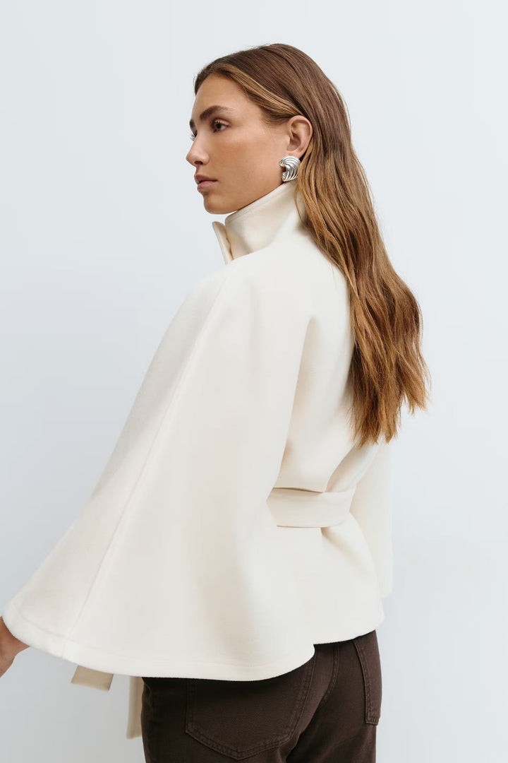 Women's Coat with Cape Sleeves, High Collar, and Belted Design
