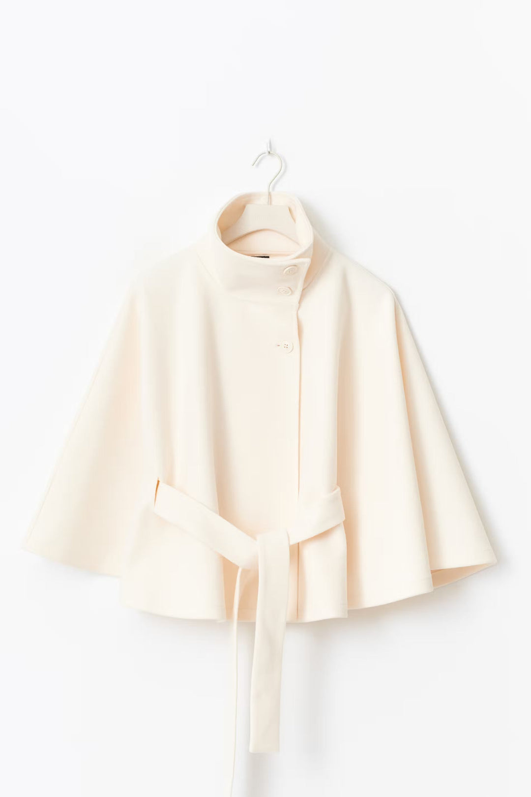 Women's Coat with Cape Sleeves, High Collar, and Belted Design