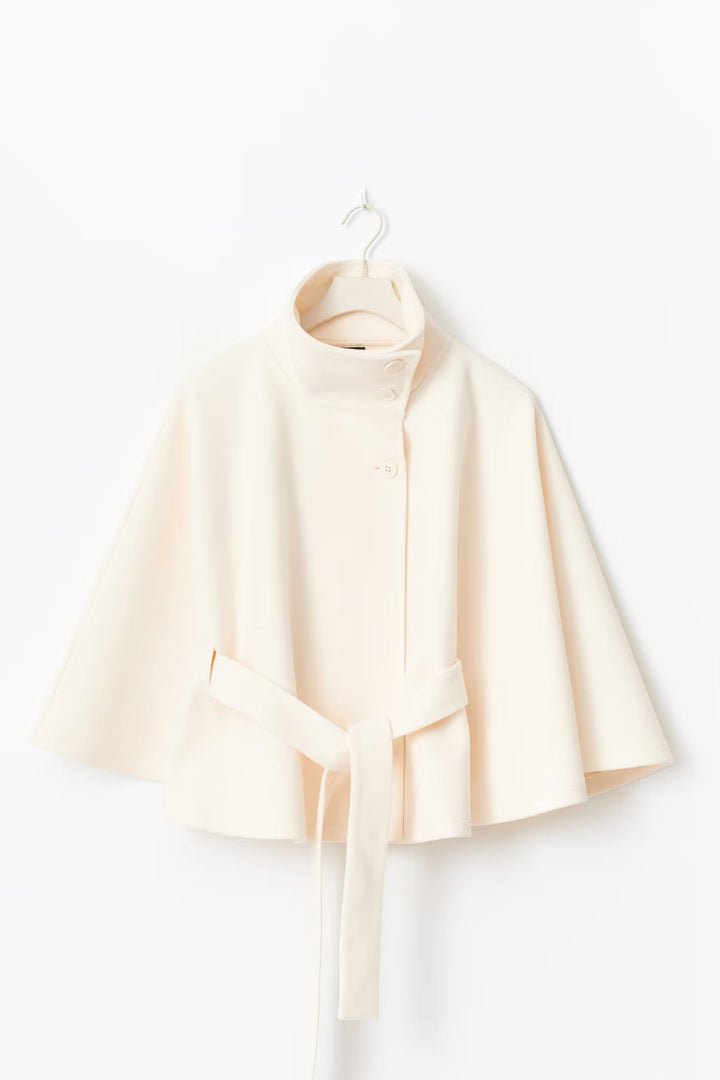 Women's Coat with Cape Sleeves, High Collar, and Belted Design