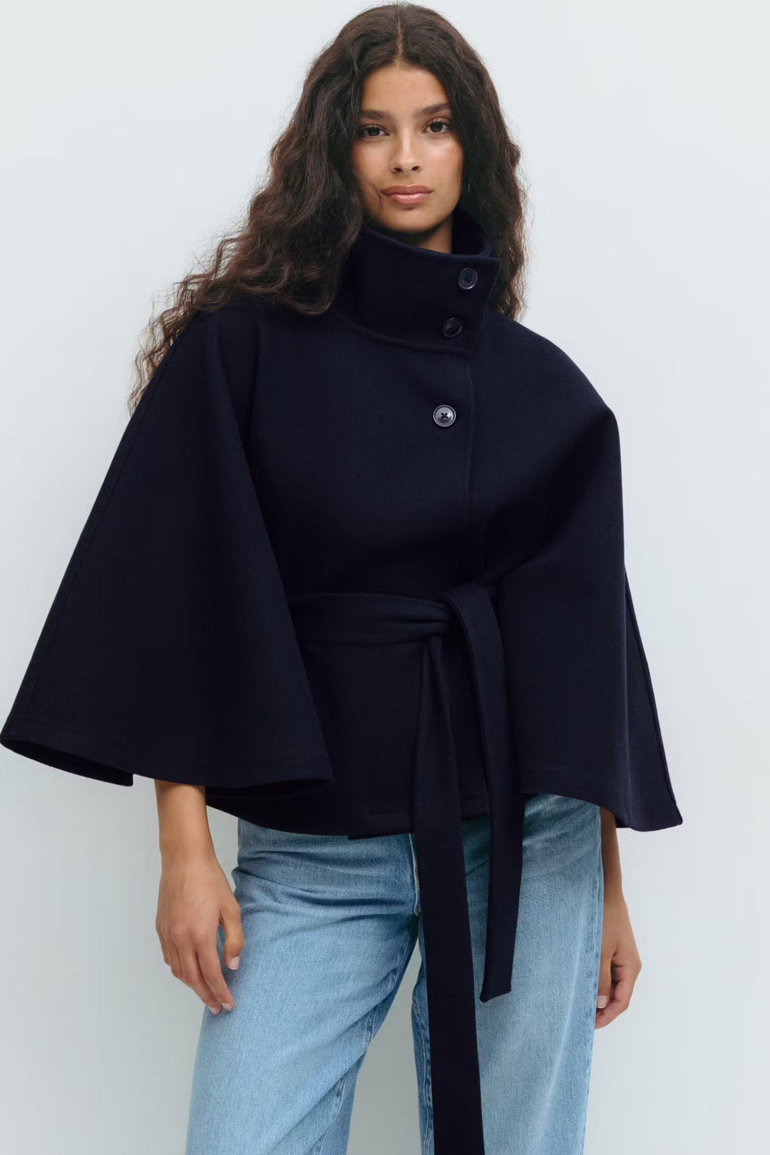 Women's Coat with Cape Sleeves, High Collar, and Belted Design