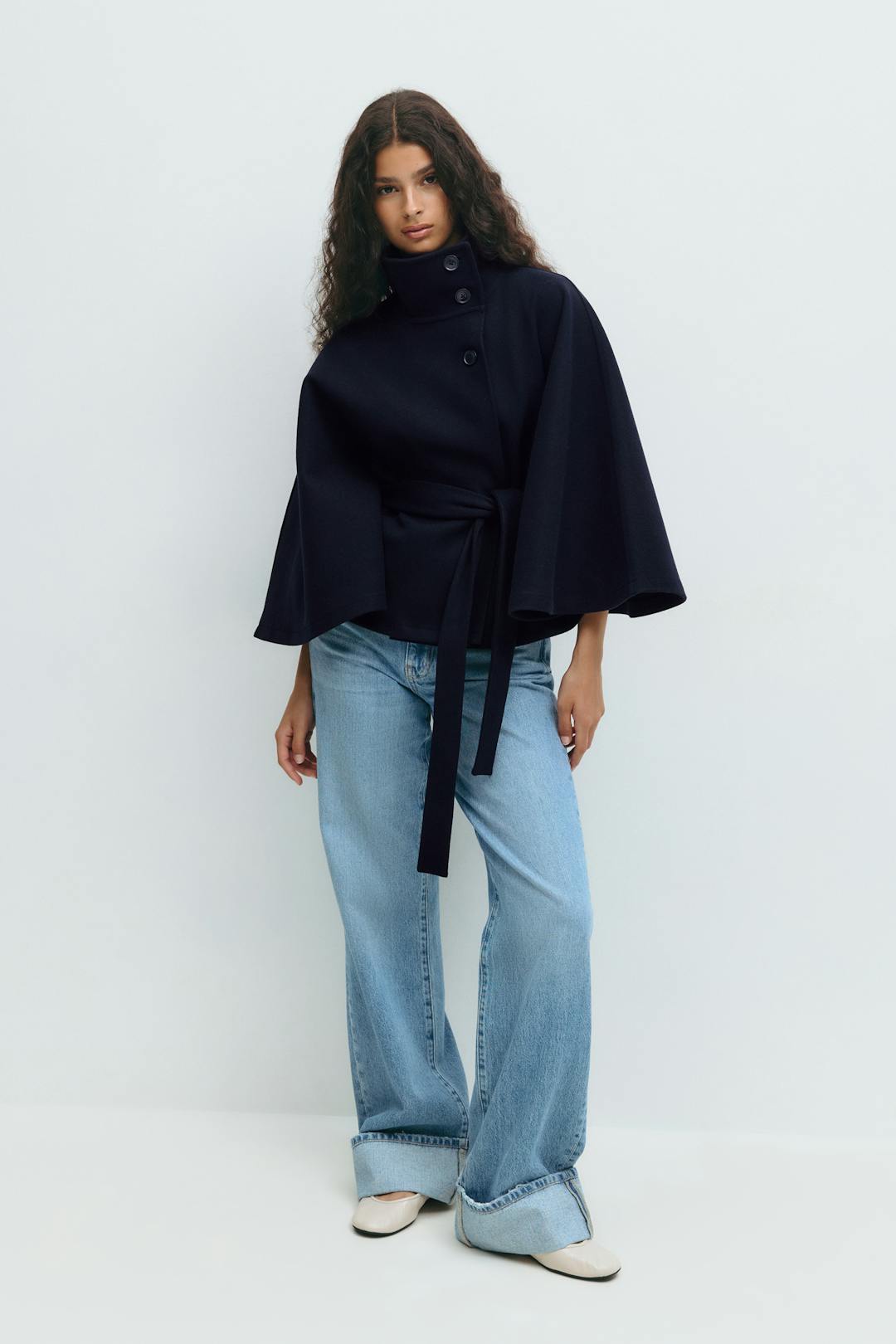 Women's Coat with Cape Sleeves, High Collar, and Belted Design