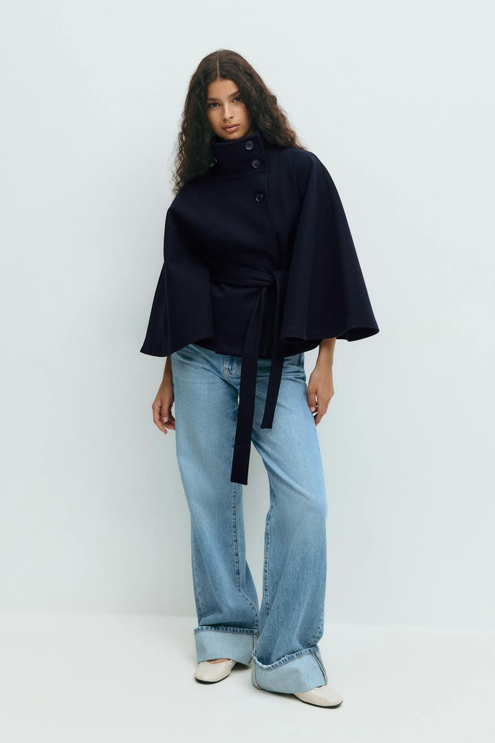 Women's Coat with Cape Sleeves, High Collar, and Belted Design