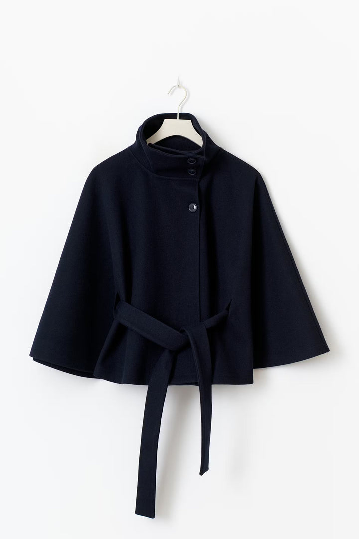 Women's Coat with Cape Sleeves, High Collar, and Belted Design