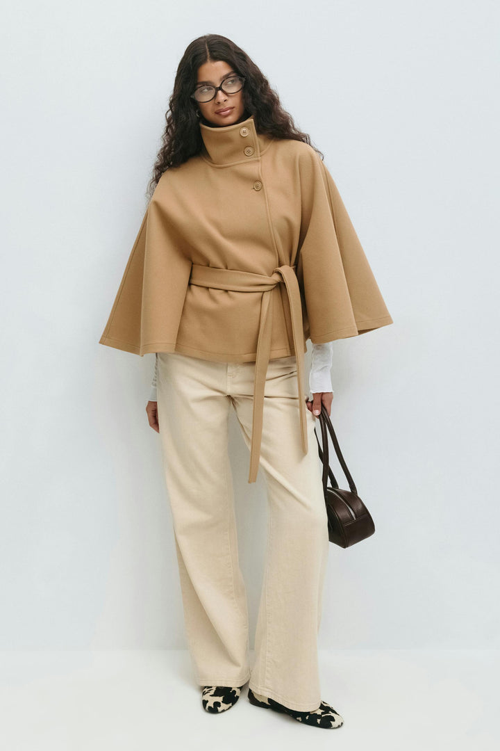 Women's Coat with Cape Sleeves, High Collar, and Belted Design
