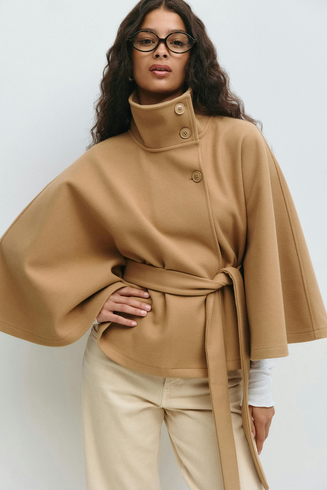 Women's Coat with Cape Sleeves, High Collar, and Belted Design