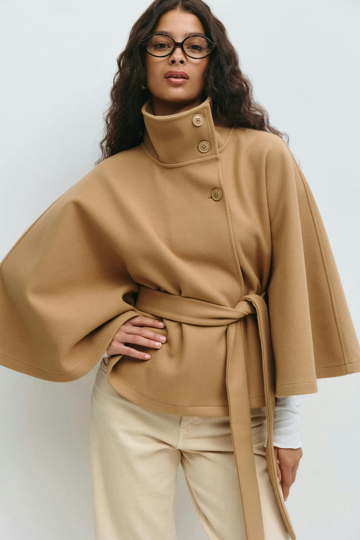 Women's Coat with Cape Sleeves, High Collar, and Belted Design