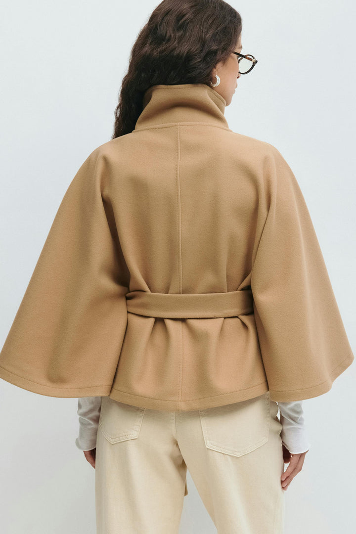 Women's Coat with Cape Sleeves, High Collar, and Belted Design