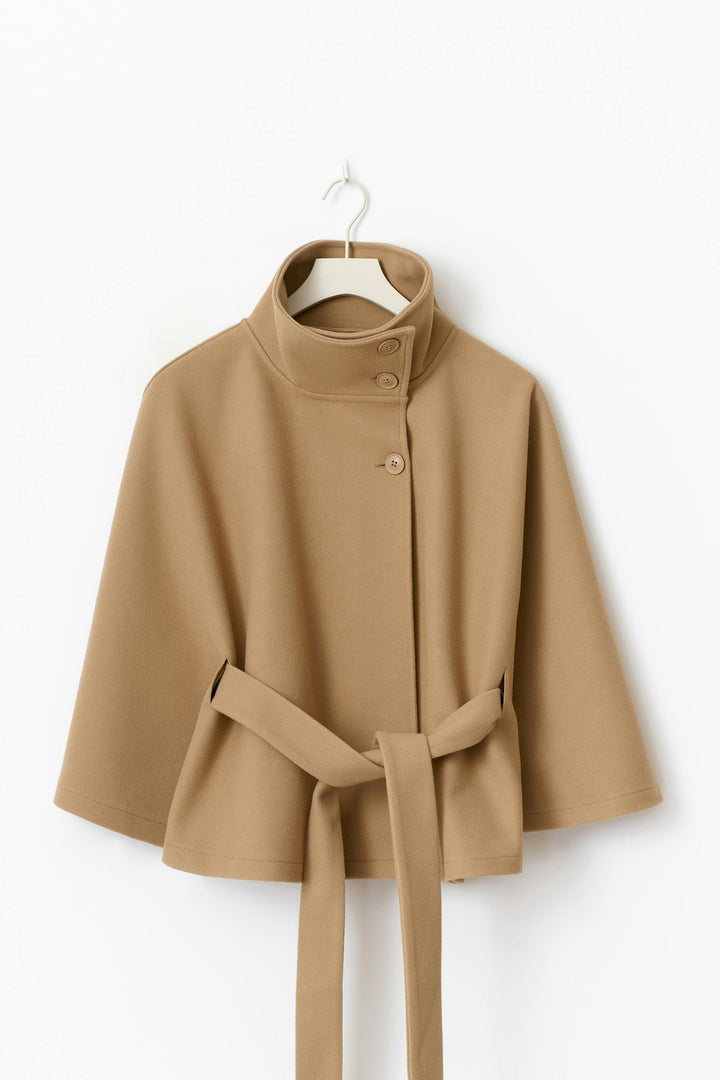 Women's Coat with Cape Sleeves, High Collar, and Belted Design
