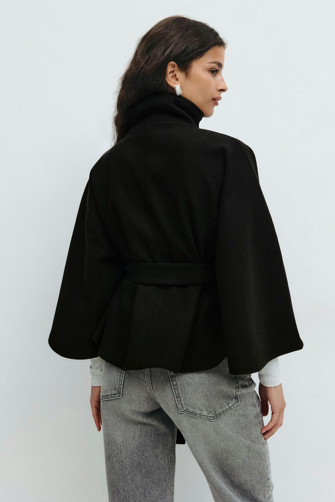 Women's Coat with Cape Sleeves, High Collar, and Belted Design