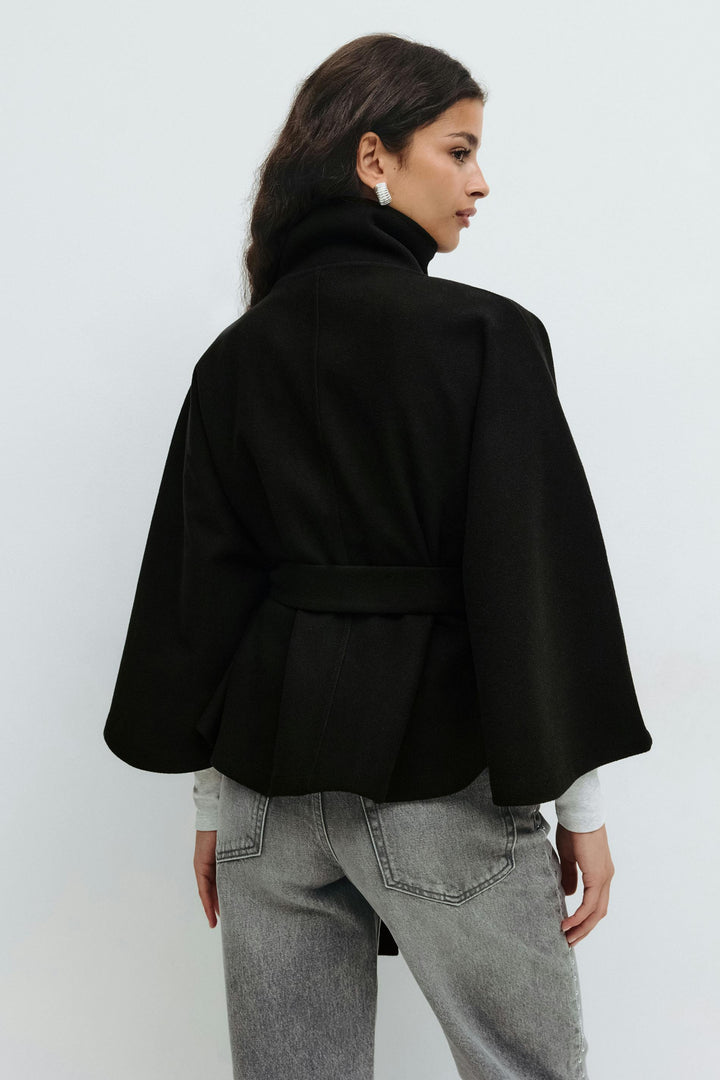 Women's Coat with Cape Sleeves, High Collar, and Belted Design