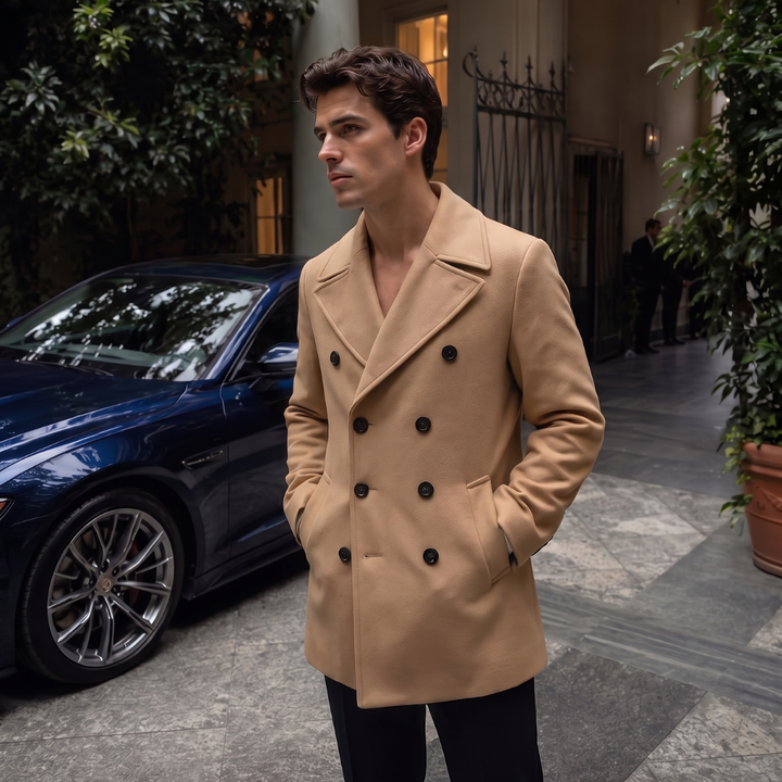Men's Double Breasted Wool Peak Coat Navy