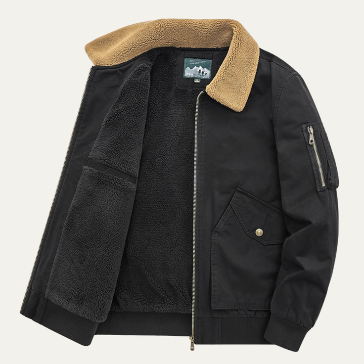 Men's Sherpa Lined Bomber Jacket Black Tan Collar