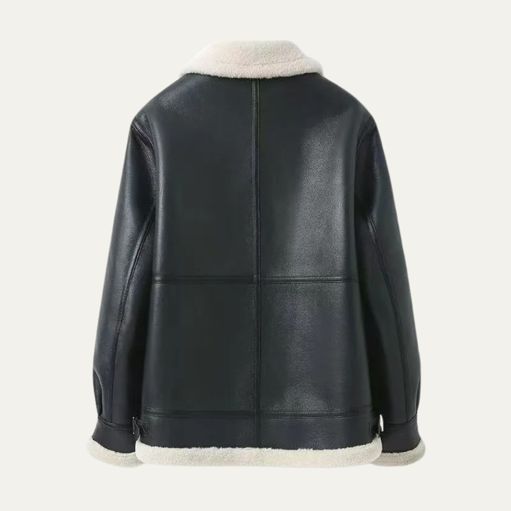 Men's Sherpa Lined Leather Jacket Black Cream Collar