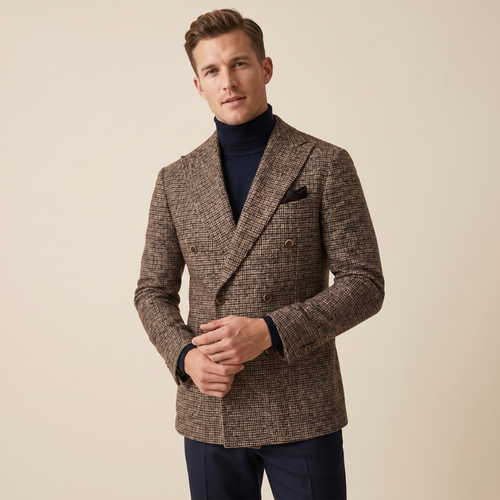 Men's Herringbone Tweed Suit Beige Double Breasted