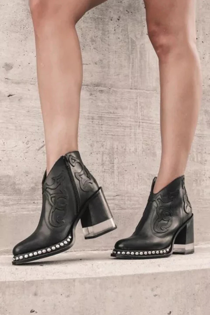 Women’s Western Cowboy Ankle Boots – Embroidered Block Heel Booties