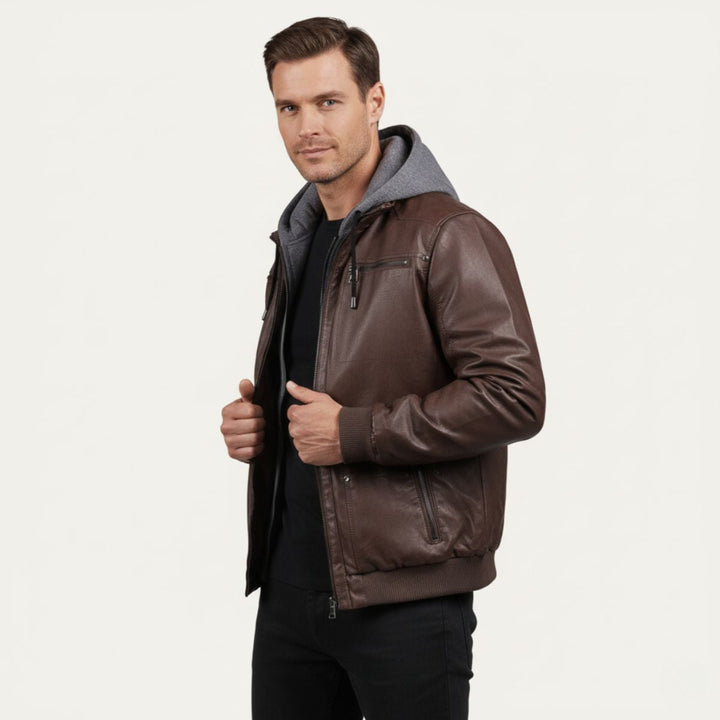 Men's Leather Jacket Black Hooded Bomber