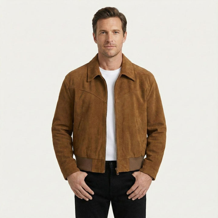 Men's Suede Leather Jacket Brown Collared Zip Up