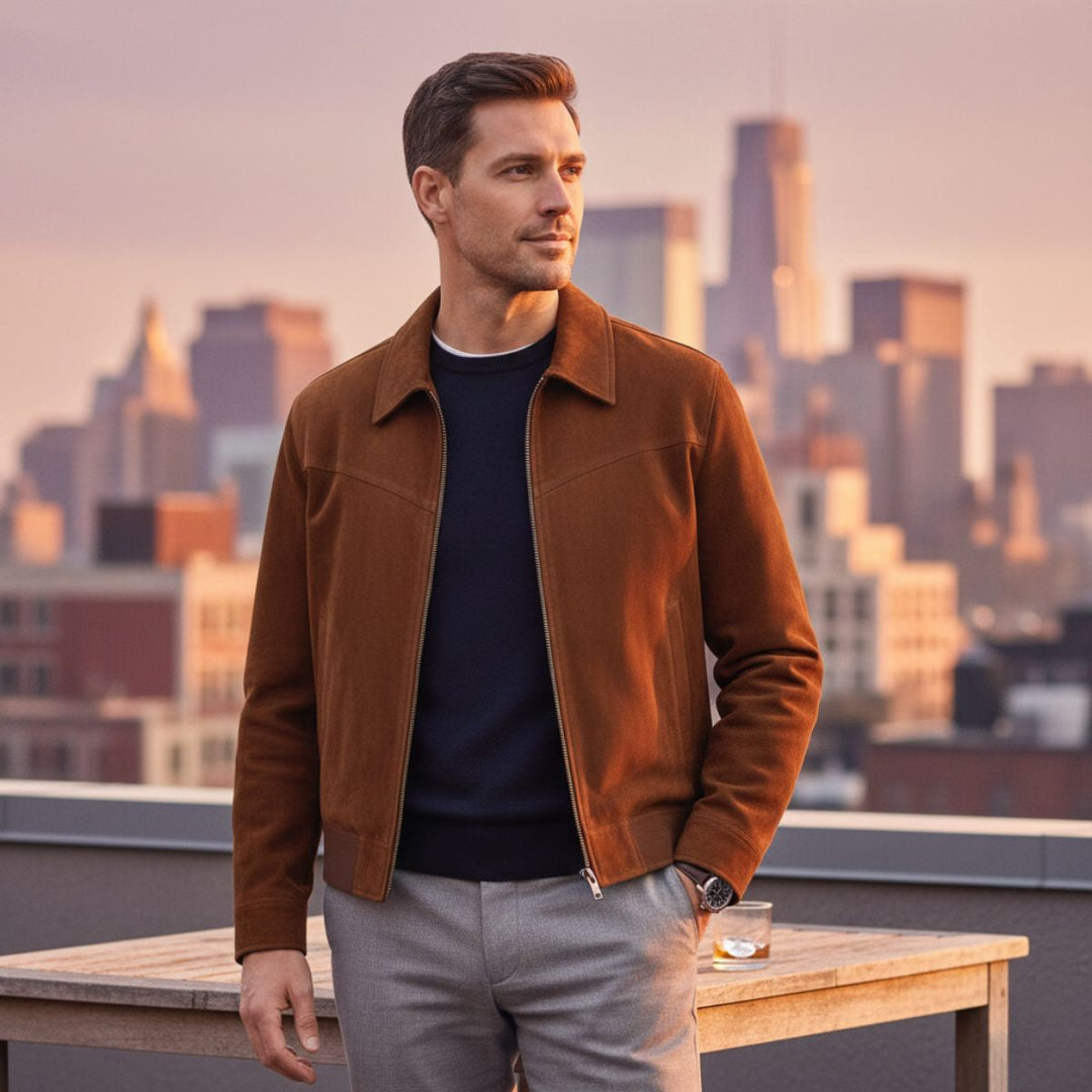 Men's Suede Leather Jacket Brown Collared Zip Up