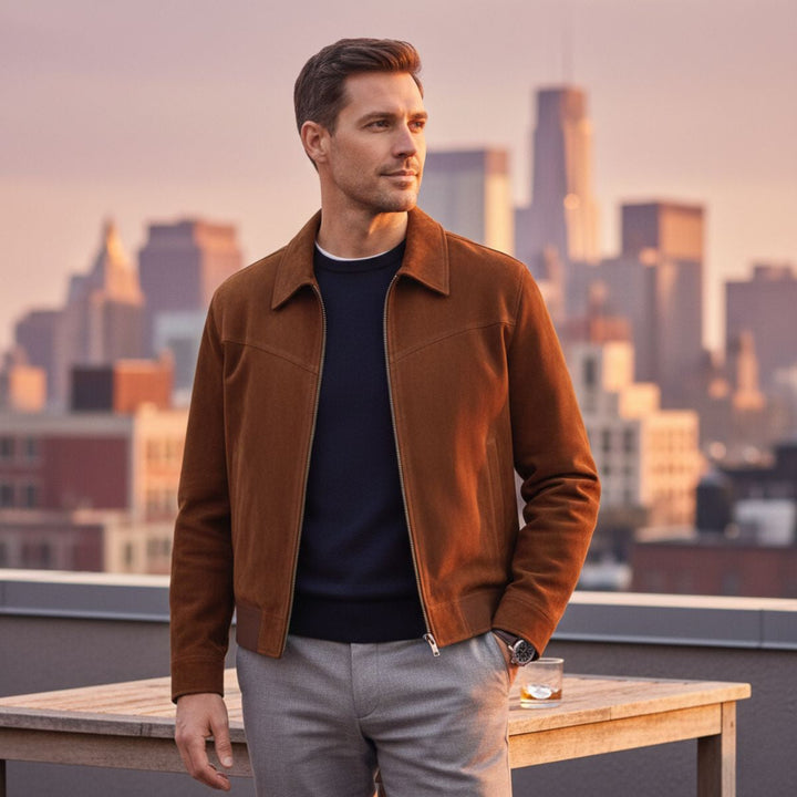 Men's Suede Leather Jacket Brown Collared Zip Up