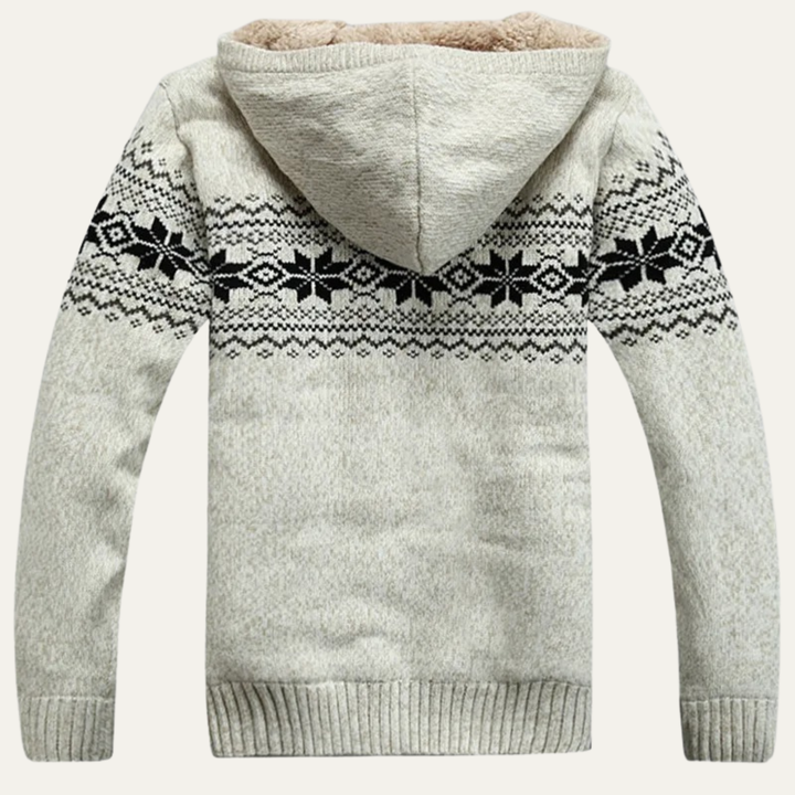 Men's Sherpa Lined Cardigan Cream Nordic Pattern Zip Up