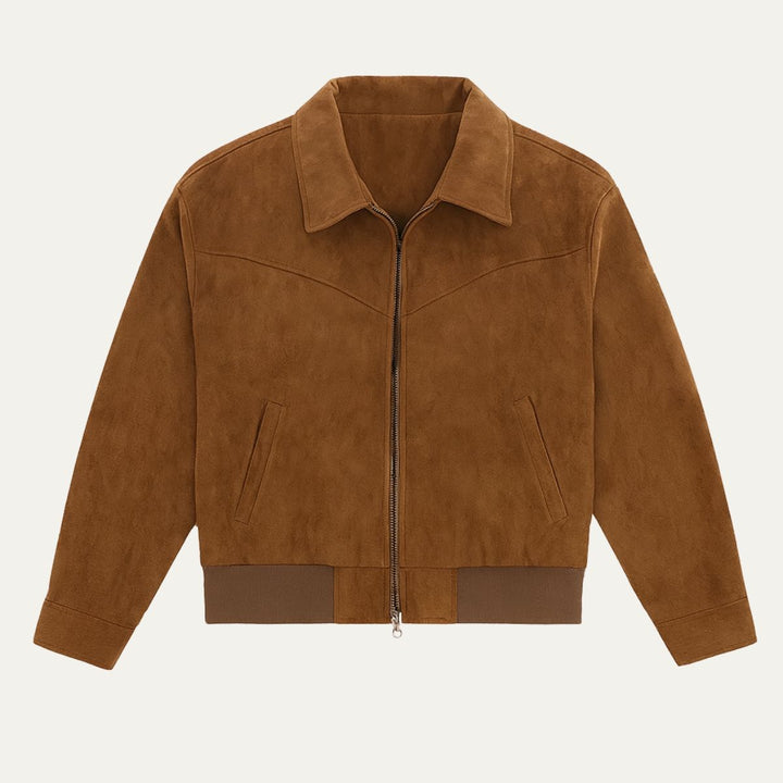 Men's Suede Leather Jacket Brown Collared Zip Up